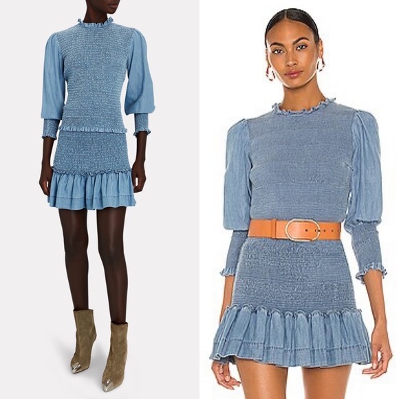 Veronica Beard Sz 8 Set Idony Smocked Top Aloya Smocked Skirt Indigo Blue $575 - Picture 1 of 5
